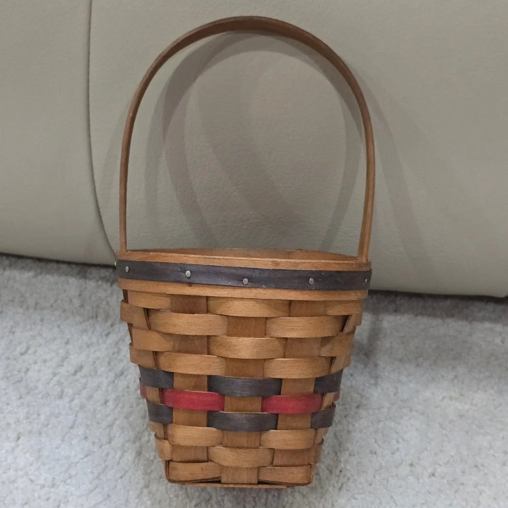 Vintage Woven Wood Basket with Handle Rustic Farmhouse Decor 1996 Red Gray Trim